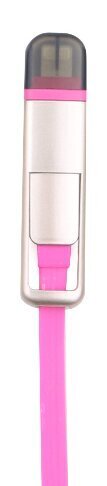 Кабель USB 2-в-1 переходник Micro USB 1 Lightning лапша «рулетка» / в бобине / телескопический РОЗОВЫЙ