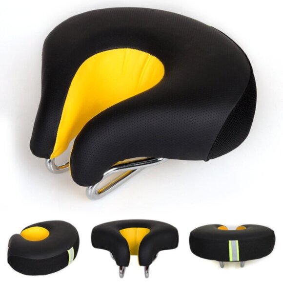 Седло велосипедное анатомическое BATFOX K-0284 с выемкой по центру PU кожа ЧЁНЫЙ-ЖЁЛТЫЙ